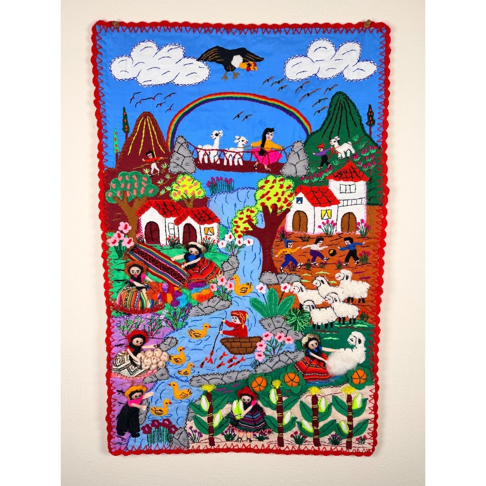 Handmade Indigenous Peru Wall Quilt - Andean Village Whimsical Wall Art 52x76cm